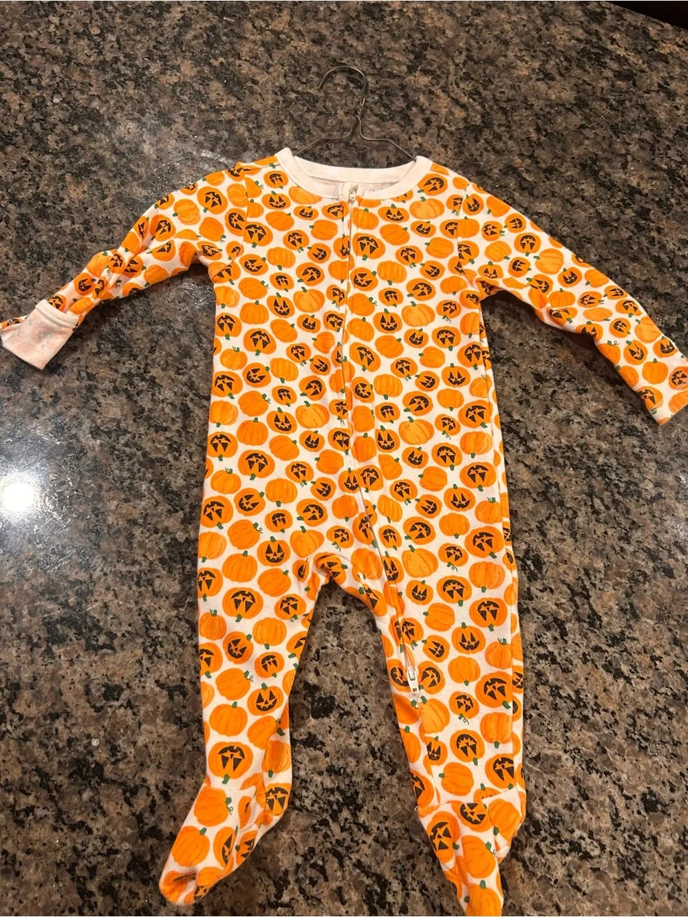 Old Navy Baby Orange Pumpkin Print Footed One-Piece 6-9 Months